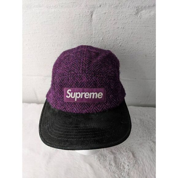 Supreme‎ Harris Tweed 5 Panel Hat Purple Black Black Men's Logo Cap Vintage Made - Picture 1 of 7